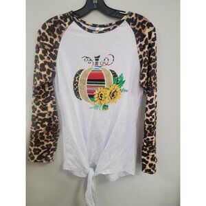 1"Leopard Print Raglan Long Sleeve Top With Colorful Pumpkin & Sunflower Design